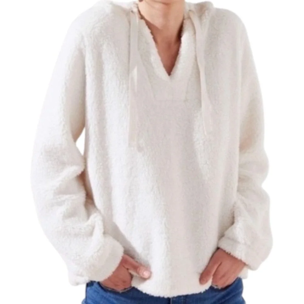 NWT LOFT V-Neck Sherpa Hoodie Ivory Pullover Sweater Top Size Small Cozy Lounge - Picture 1 of 14